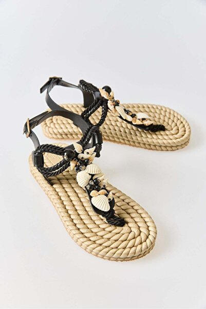 Juuuj Black Sequin Embroidered Lightweight Rope Sole Sandals with Accessories...