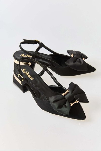 Juuuj Black Flexible Sole Pointed Toe Design Short Heeled Shoes with Sling Ba...