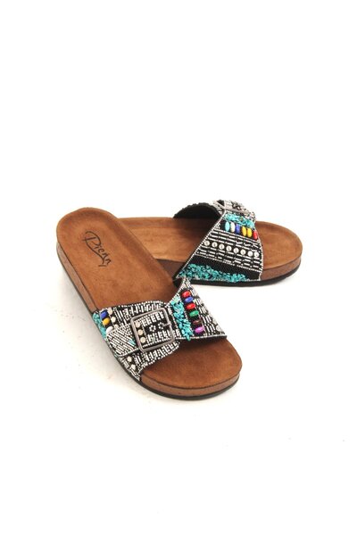 Juuuj Black Suede Sole, Colorful Stone Decoration, Side Buckle Detail, Non-Sl...