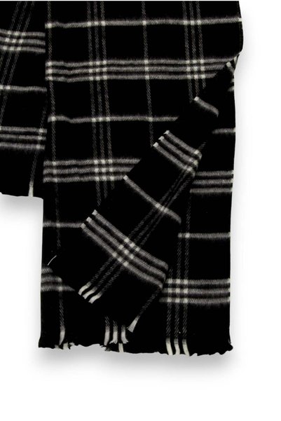 Juuuj Black Soft Textured Plaid Patterned Wide Form Rectangular Cut Shawl with Tassel Detail