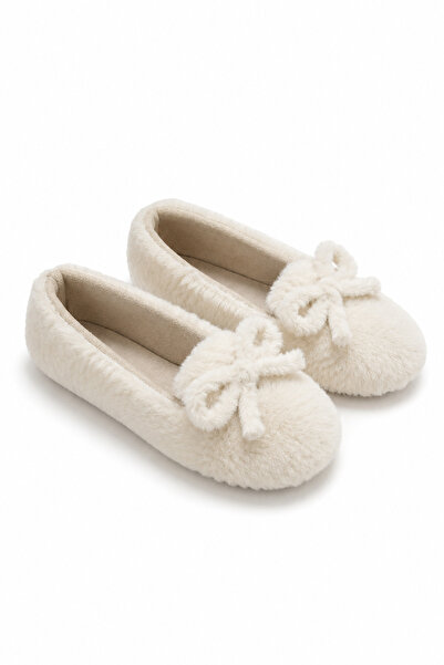 Juuuj Ecru Plush Fabric, Soft Textured, Flexible Sole, Bow Detail, Comfortabl...