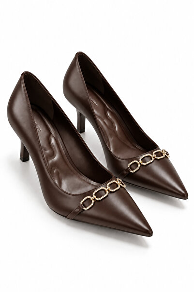 Juuuj Brown Leather Look Pointed Toe Gold Chain Detailed Medium Size Thin Hee...
