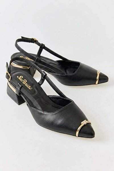 Juuuj Black Pointed Toe Design Low Heel Comfortable Sling Back Open Back Heel...