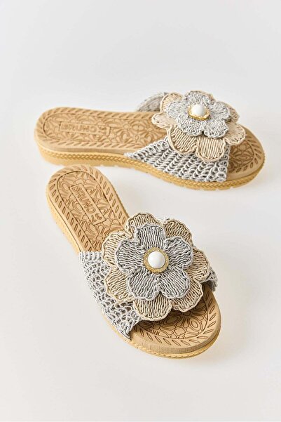 Juuuj Gray Macrame Knitted Textured Closed-Front Slippers with Practical Desi...