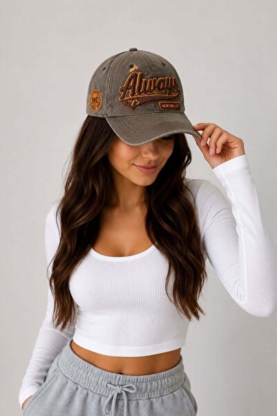 Juuuj Brown Washed Denim Fabric Adjustable Baseball Cap with Always Text Prin...