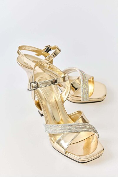 Juuuj Gold Stone Detailed Cross-Strapped Ankle Strap High Heel Shoes