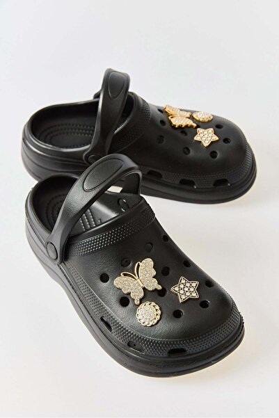 Juuuj Black Soft Sole Non-Slip Sabo Slippers with Gold Accessory Detail, Suit...