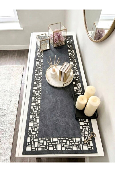 Ergüven Home قماش سويدي رمادي داكن مقاس 40x120 سم - نمط هندسي رباعي الأضلاع