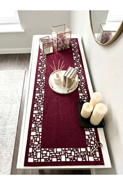 Ergüven Home سجادة من قماش جلد الغزال باللون العنابي مقاس 40x120 سم - نمط هند...