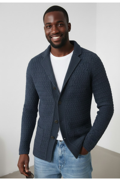 Barato Erkek Triko Ceket Düğmeli Örme Blazer Ceket Slim Fit Şık Günlük Klasik...