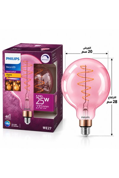 Philips Lighting لمبة ديكور LED اديسون معتقة E27 قابلة للتعتيم 4.5W تعادل 25W، إضاءة دافئة Flame 1800K، 270 لومن، موفرة للطاقة