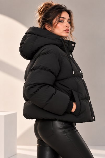 Modayıldızlar Women's Black Oversize Hooded Short Puffer Inflatable Coat – Winter Snap-On Coat