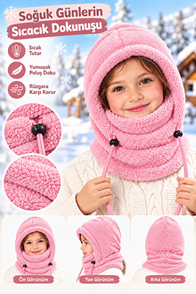 Leiste Kids-Wig Çocuk Kapşonlu Peluş Bere Atkı Polar Welsoft Boyunluk Şalı Rü...
