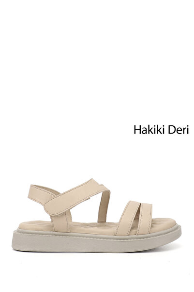 GÖNDERİ(R) Kadın Bej Cırt Bantlı Dolgu Taban Hakiki Deri Comfort Sandalet