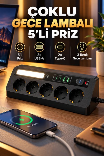 MATECHNO Çoklu Gece Lambalı Priz Yüksek Gerilim Korumalı 4'LÜ Priz 2XUSB 2XType-C Çıkışlı Grup Priz Çoğaltıcı