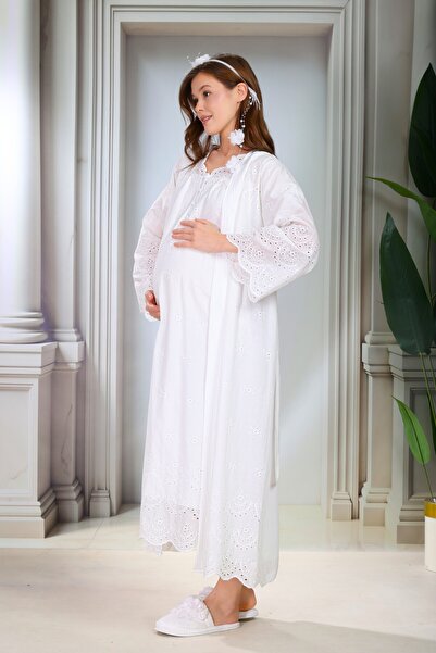 Lohusa Homewear Νέα σεζόν Εκρού Φιστό Λινό Σετ Νυχτικό Εγκυμοσύνης με Κουμπιά...