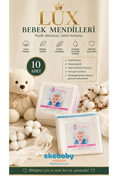 Ekebaby Büyük Boy 10'lu Yeni Doğan Penye Organik Pamuk Mendil – %100 Doğal An...