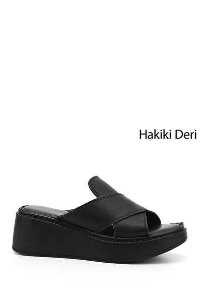 GÖNDERİ(R) Kadın Siyah Dolgu Taban Hakiki Deri Terlik
