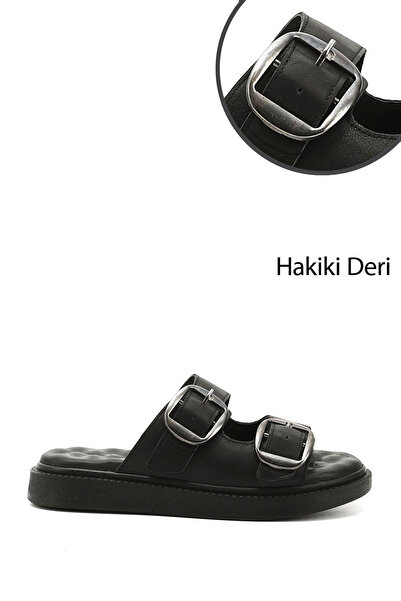 GÖNDERİ(R) Kadın Siyah Tokalı Dolgu Taban Hakiki Deri Comfort Terlik