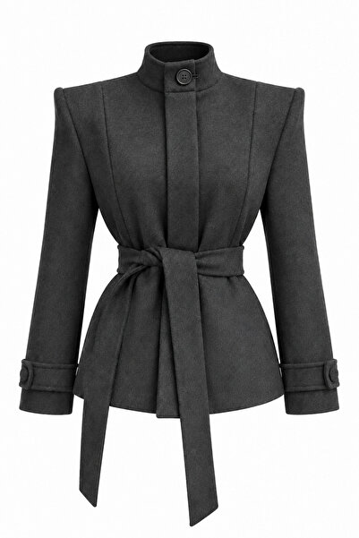 Laluvia Anthracite Shoulder Pad Layered Jacket with Belt - 1001