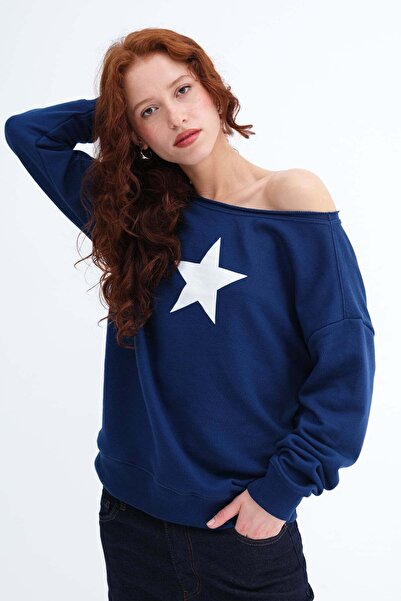 Addax Kayık Collar Printed Sweatshirt S10662