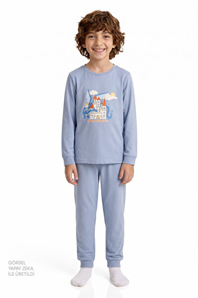 Penti Erkek Çocuk Mavi Mini Dragon Riders Pamuklu Uzun Kollu 2'li Pijama Takımı