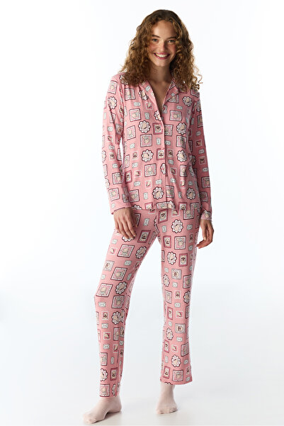 Penti Pembe Postcard Fitilli Uzun Kollu Gömlek Pantolon Pijama Takımı