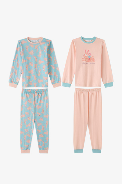 Penti Kız Çocuk Mint Bunny Ride Pamuklu Uzun Kollu 2'li Pijama Takımı