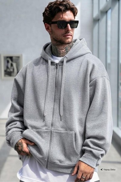 NO 601 Erkek Gri Oversize Fermuarlı Ceket