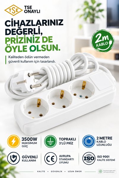 bydiz 3'lü Priz 2 Metre Topraklı Uzatma Kablosu 3500W Grup Priz Kablolu Priz CE TSE ISO Güvenli Ürün