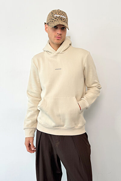 JB John Borners Erkek Kapüşonlu Baskılı Kanguru Cepli Sweatshirt Bej - 25K 5281