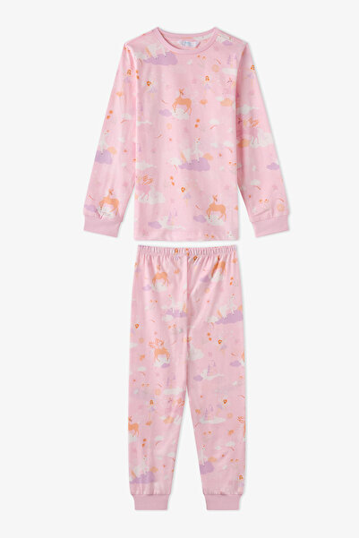 Penti Kız Çocuk Pembe Fly Repeat Pamuklu Uzun Kollu Pijama Takımı