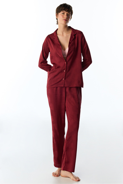 Penti Bordo Orquidea Saten Çiçekli Uzun Kollu Gömlek Pantolon Pijama Takımı