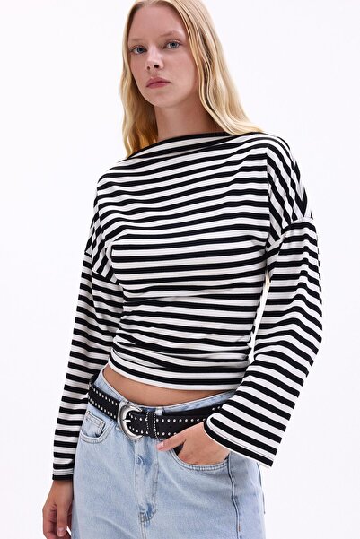 DeFacto Loose Fit Boat Neck Long Sleeve Striped T-Shirt I4996Ax26Au