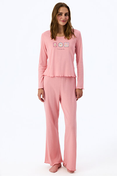 Penti Pembe Dusty Rose Pointel Slogan Desenli Kısa Kollu Tişört Pijama Üstü