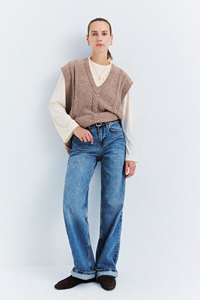 DeFacto 100% Cotton Straight Wide High Waist Blue Jean Trousers I1909Ax26Au