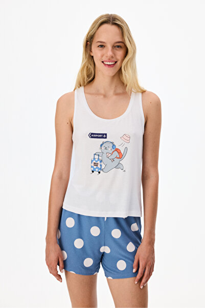 Penti Mavi Snooze Cruise Kedi Desenli Şort Pijama Takımı