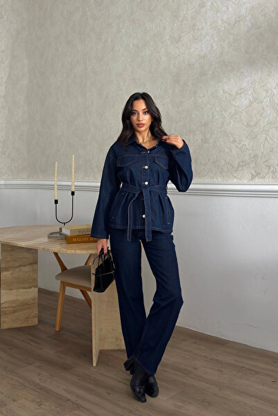 MODA DURAĞI Koyu Lacivert Bağlamalı Denim Takım Oversize Ceket ve Yüksek Bel ...
