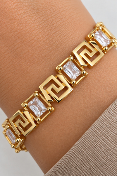 Leo'Stone Gold Color Vintage Greek Patterned Baguette Stone Women's Steel Bracelet Does Not Tarnish and Does Not Lose Color
