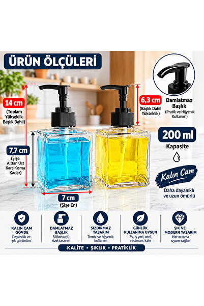 Trend Home Life Cam Kare Kilitlenebilir Başlıklı 2’Li Sıvı Sabun Bulaşık Dete...