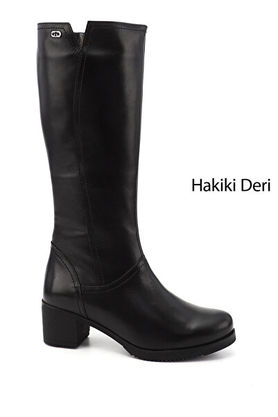 GÖNDERİ(R) Kadın Siyah Fermuarlı Kalın Topuklu Hakiki Deri Çizme