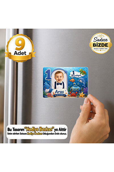 Deniz Dünyası Temalı 1 Yaş Fotoğraflı Yatay Buzdolabı Magneti (6x9 cm) – 9 Adet