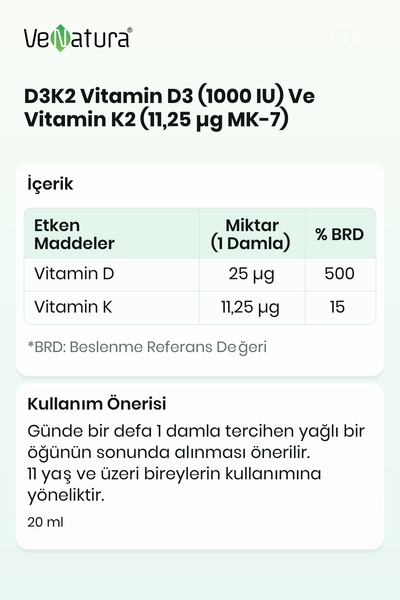 VeNatura Vitamin D3K2 Vitamin D3 1000IU Vitamin K2 11.25mcg Damla 20ml