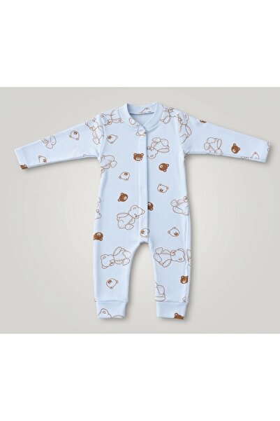minço bebe Erkek Bebek Mavi Tulum %100 Pamuk Ayı Baskılı Çıtçıtlı Patiksiz Es...