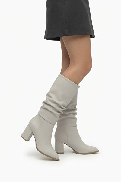 Zerenyus Pitay Premium Bellows Beige Thick Heeled Boots