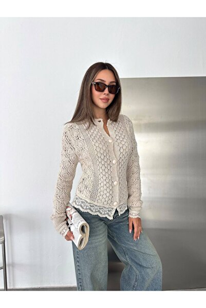 asur boutique Asur Butik Cardigan de damă cu dantelă ajurată, cu nasturi, mărime standard, bej deschis, arată interiorul.