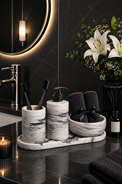 betonmall 4 Parça Mermer Desenli Beton Banyo Seti Sıvı Sabunluk Diş Fırçalığı...