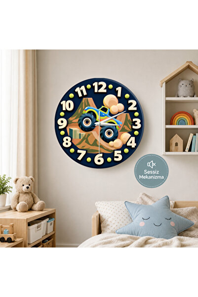 no26dekor 🕒 Canavar kamyon⭐ Sessiz Çocuk Duvar Saati 🎈 MDF Dekoratif Çocuk ...