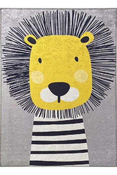 Carpettex Çocuk Bebek Halısı Sevimli Aslan desenli Gri Halı Yıkanabilir Kaymaz Taban