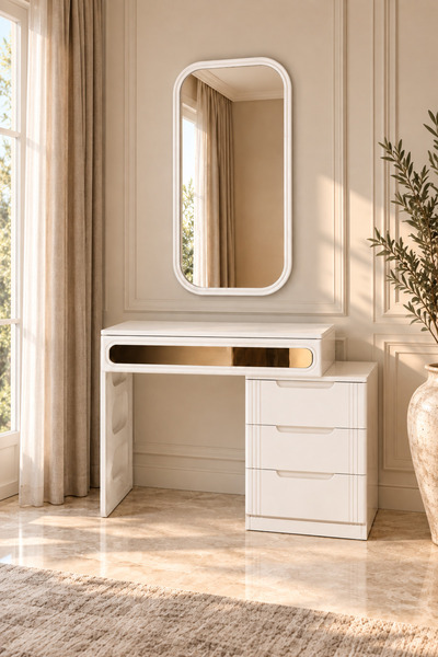 Rivon Makyaj Masası Aynalı Açık Vizon MDF Lake Boyalı Kapaklı Modern Şık Yata...